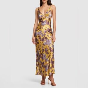 bec + bridge Yellow Satin Maxi Slip Dress with Purple Floral Print